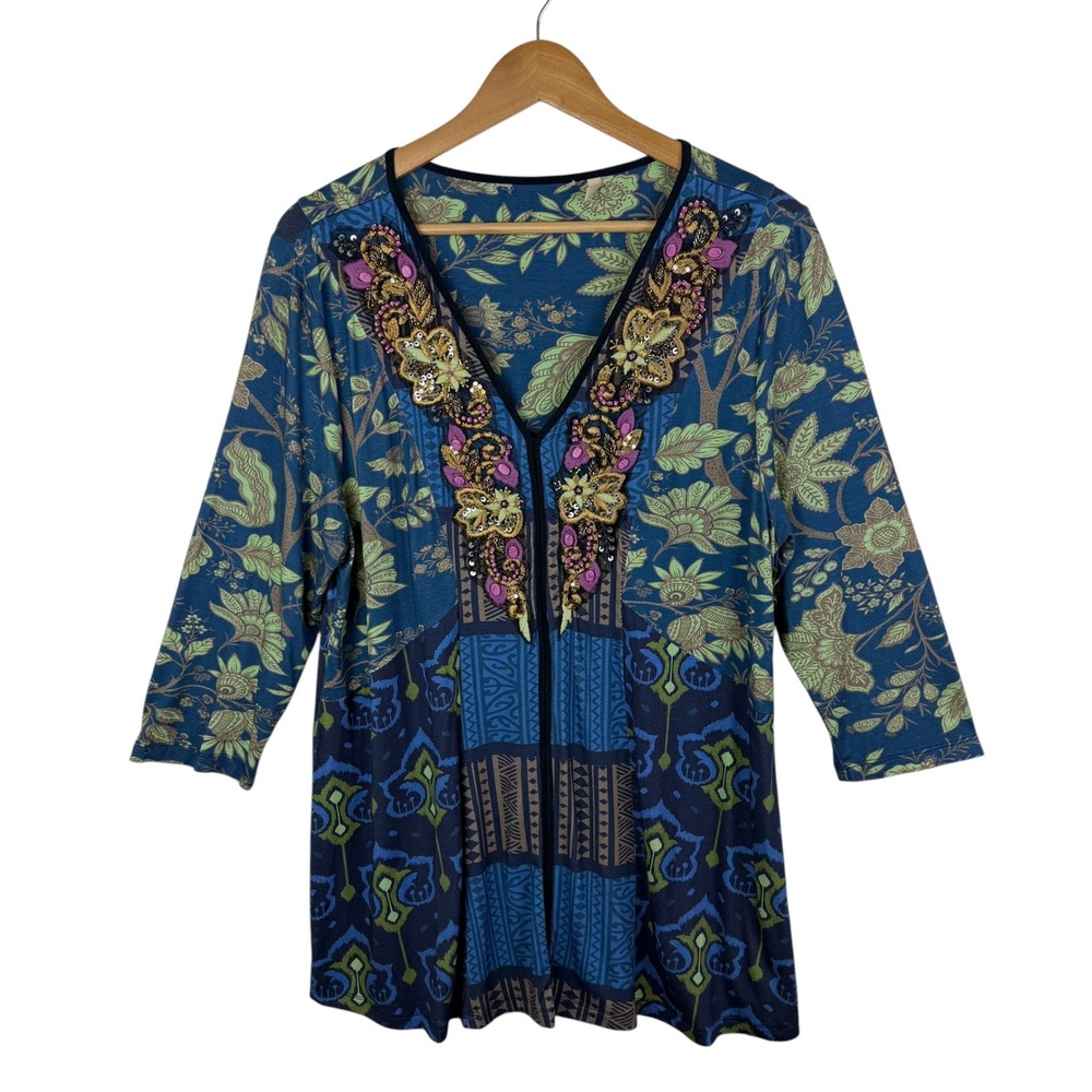 Soft Surroundings Blue Floral Ikat Embellished Beaded Tunic Top Large Artsy Soft